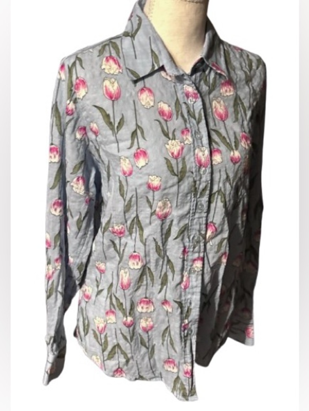 THE SHIRT Rochelle Behrens Floral Cotton Blend Shirt Top Button Designer Tulips